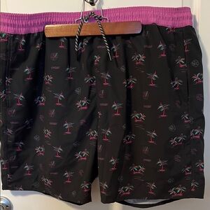 Oakley Black and Purple Swim Trunks with Palm Trees & Floral Print